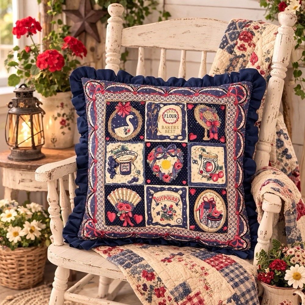 Vintage 90's‎ Quilted Cottagecore Pillow w/ Ruffle Blue Floral Kitchen Patchwork